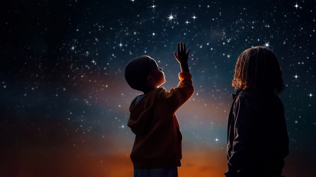 To børn betragter en stjerneklar himmel, hvoraf det ene rækker op. Optaget bagfra i en lav engel, der fremkalder forundring