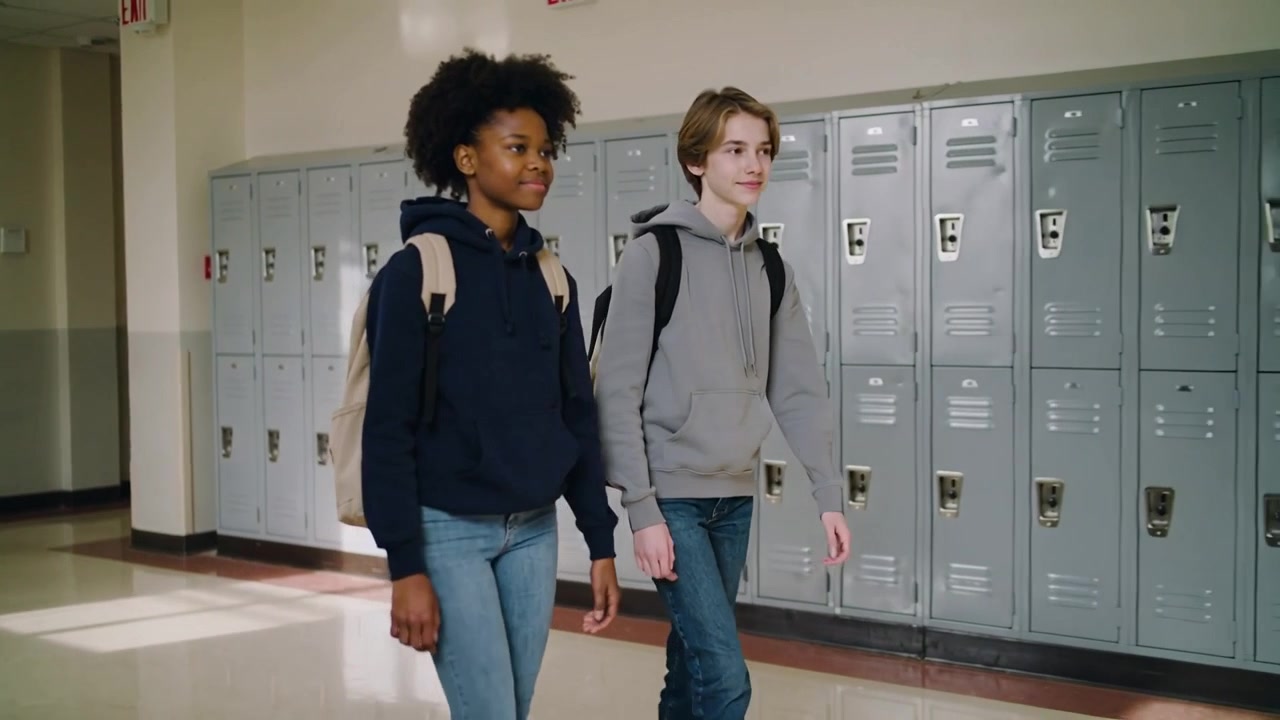 Walking two teens entering left, heading to class in school hall by lockers with backpacks, hoodies
