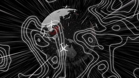topografía y rastros de luz sobre el vuelo sobre el globo contra un fondo gris