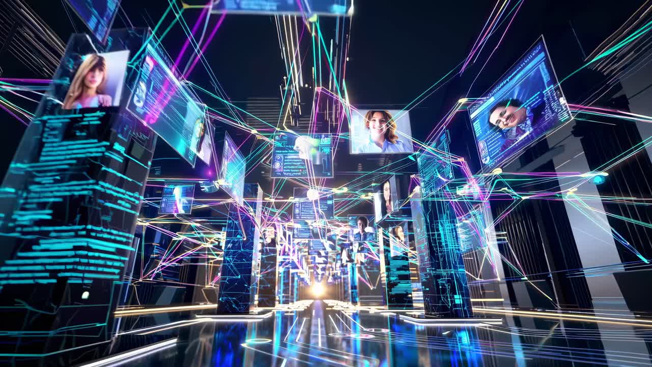 Futuristic digital network with floating screens and neon lines