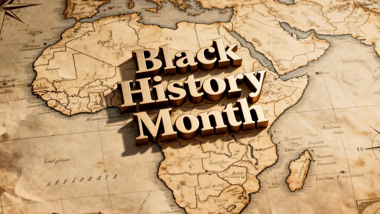Zooming camera revealing 3D Black History Month title above parchment map, highlighting texture