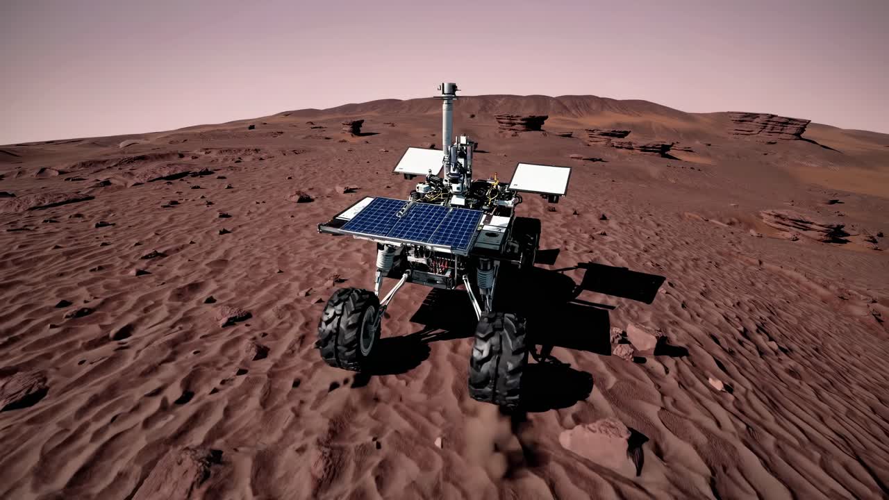 Advanced robotic rover navigating rugged reddish terrain of Mars, systematically collecting geological data while exploring alien landscape with cutting edge scientific instruments
