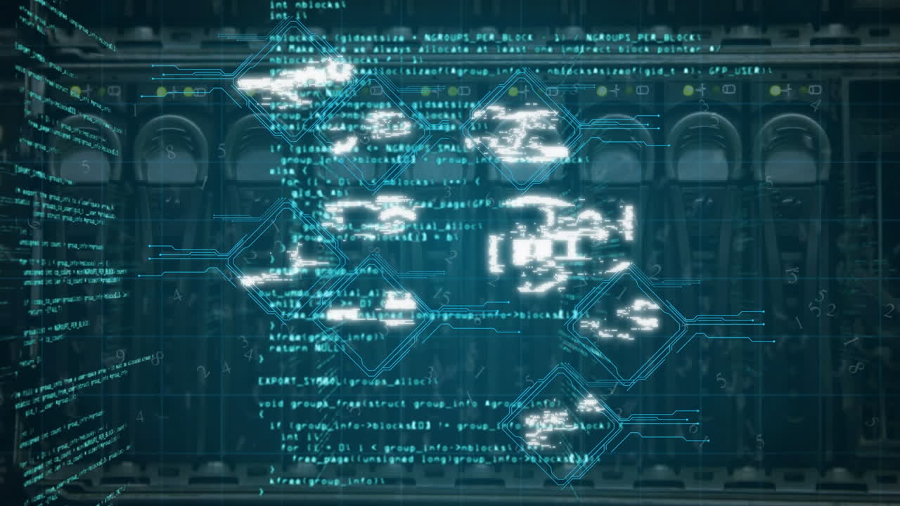 Animation of digital icons and data processing against close up of a computer server