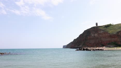 Tranquil-Scene-Of-Nature-With-An-Old-Military-Tower-On-Steep-Cliffs-In-Kaliakra-Nature-Reserve,-Bulgaria