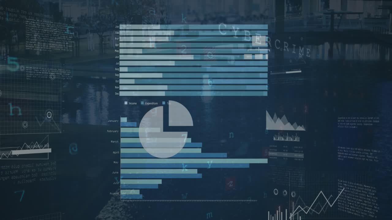 Animation of graphs, bars, texts, letters, map, symbols, letters, numbers over abstract background