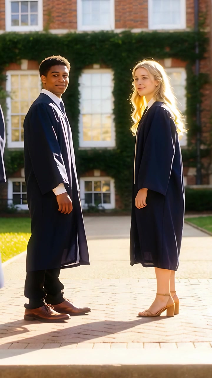 Video verticale: Girandosi verso la telecamera mentre posa per la laurea su un sentiero di mattoni, toghe blu scuro retroilluminate.