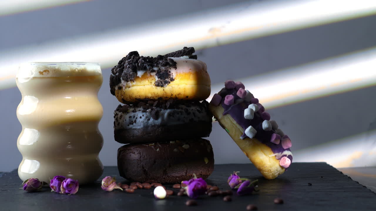 A hand with pink nails gently places a white-glazed donut topped with cookie crumbles onto a stacked trio beside a creamy iced coffee. Purple donut and rose petals add charm to the softly lit scene.