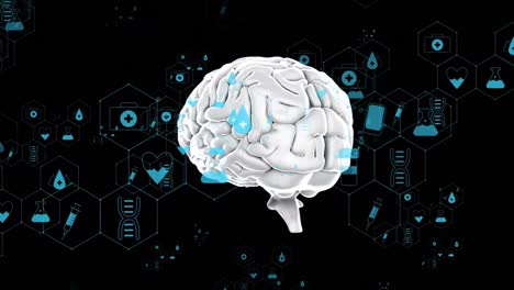 animación del cerebro humano y iconos médicos en fondo negro