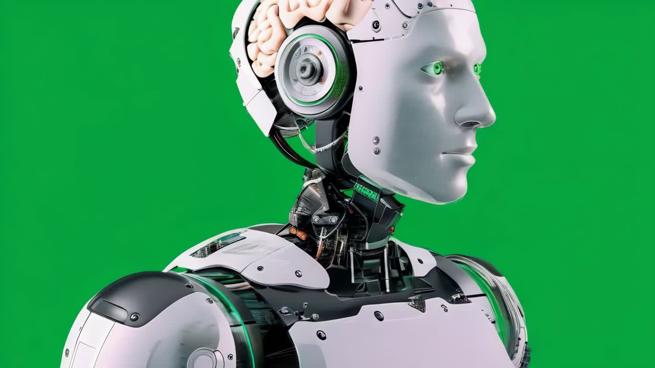 Kafasında beyni olan beyaz bir robot, yeşil arka planda.