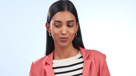 Business-woman,-smile-and-peace-sign-in-studio