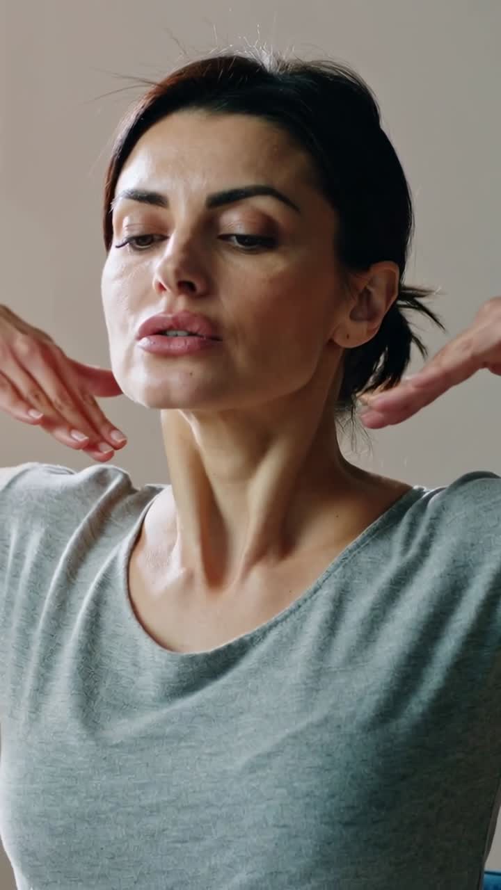 Video verticale: donna che alza le spalle e inclina il collo indossando una maglietta grigia in una stanza beige, inquadrata dalla camera