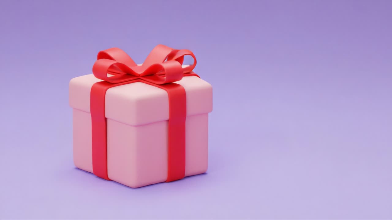 A beautifully wrapped pink gift box adorned with a vibrant red ribbon, set against a soft purple background, creating a festive and cheerful atmosphere for any occasion