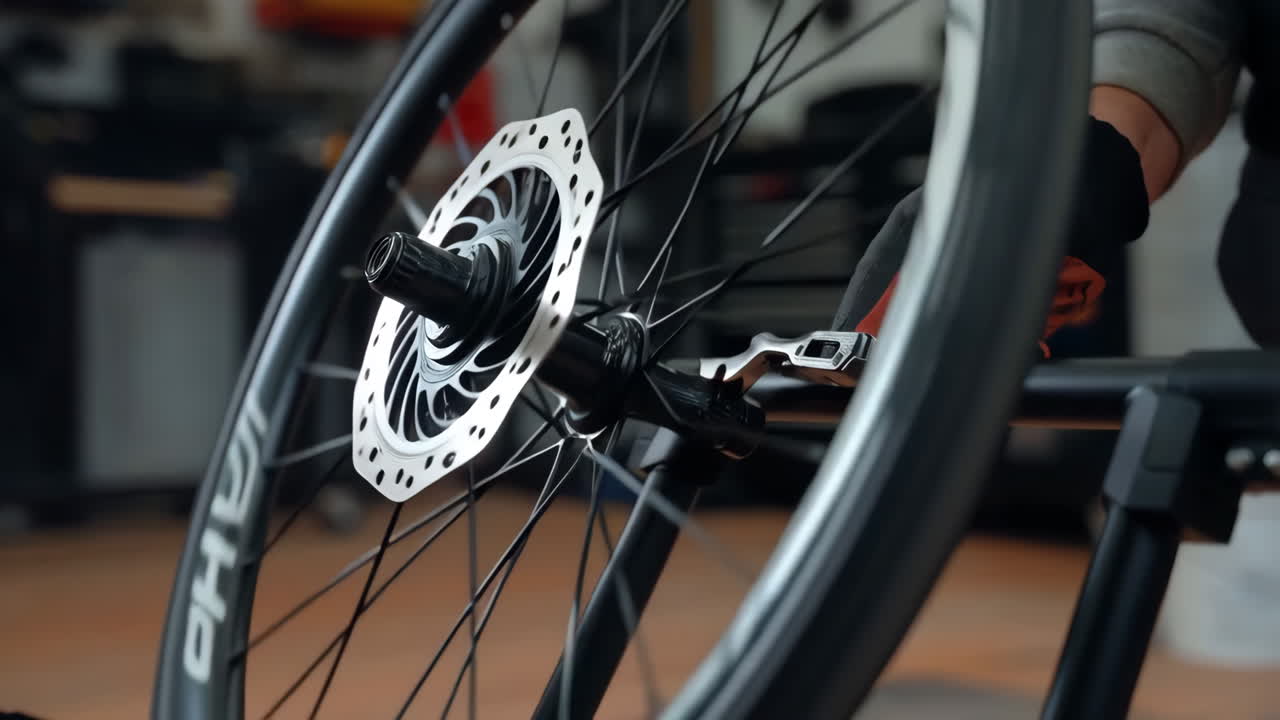 Close-up of a bicycle wheel with disc brake being worked on in a workshop