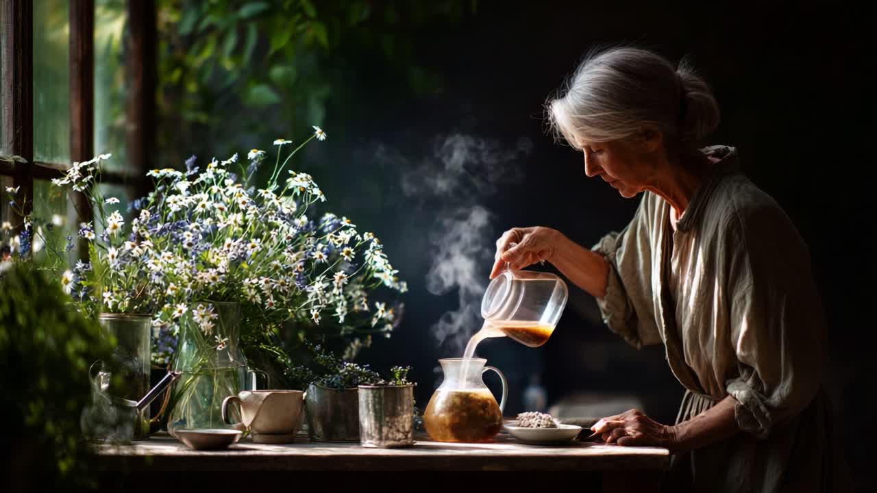 A Serene Moment of Herbal Infusion: An Elderly Woman Carefully Brewing Tea in a Sunlit Garden, Surrounded by Fresh Flowers and Natural Elements for a Peaceful Experience