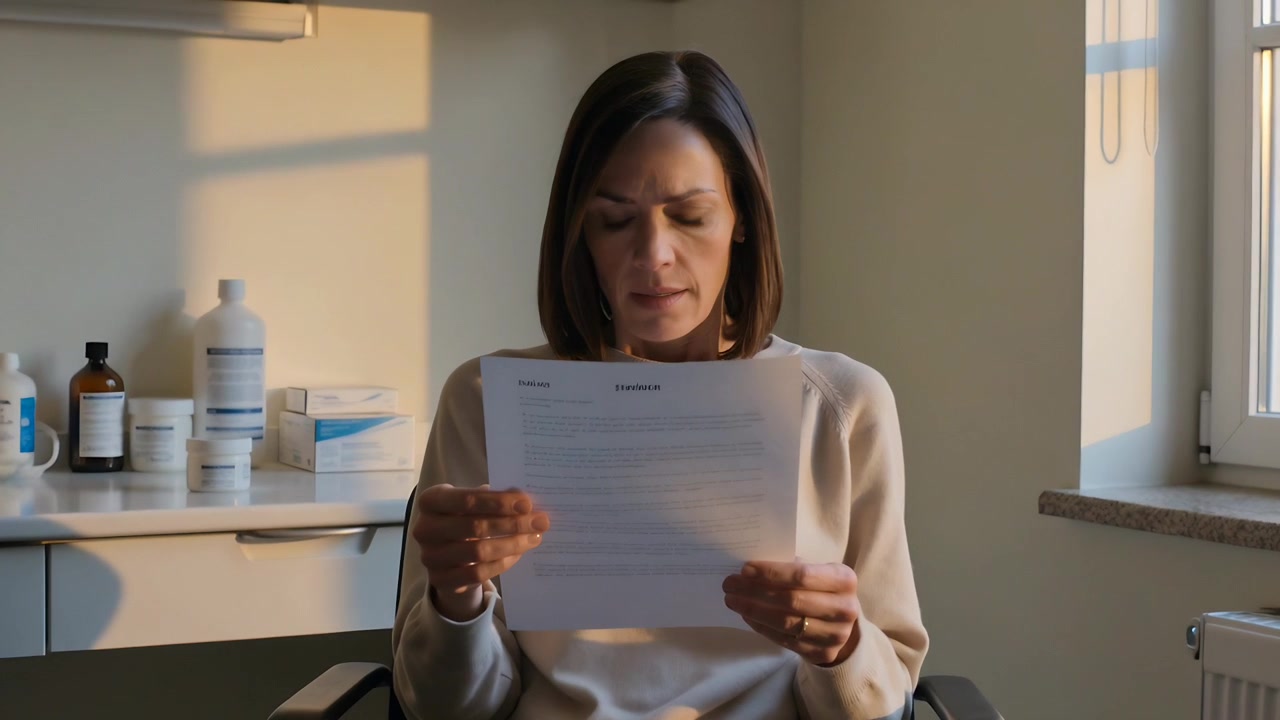 Leyendo un documento impreso, una mujer con suéter beige revisa los resultados en una clínica, con suministros.