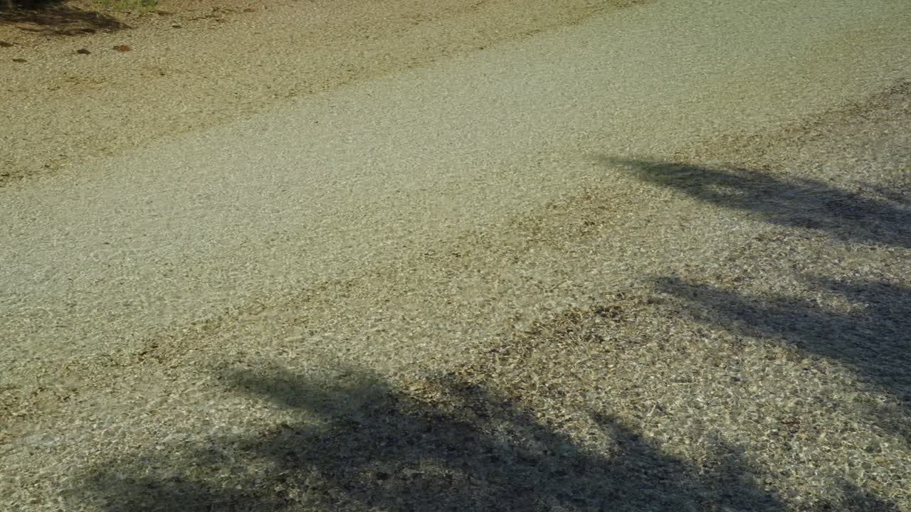 A close-up shot of light-colored gravel or stone ground with long shadows of trees cast across it