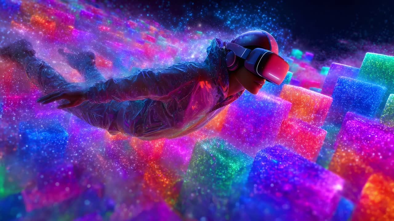 Un'esperienza visiva futuristica e immersiva che ritrae una persona dotata di visore per la realtà virtuale, che vola attraverso un paesaggio digitale vivace e colorato fatto di blocchi scintillanti e galassie di particelle luminose