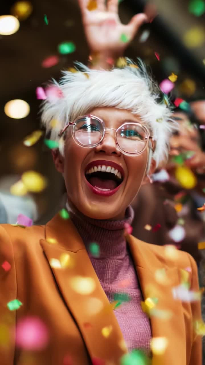 Festosa celebrazione: una donna in abiti eleganti circondata da coriandoli colorati esprime pura felicità ed entusiasmo durante un evento o un raduno festivo
