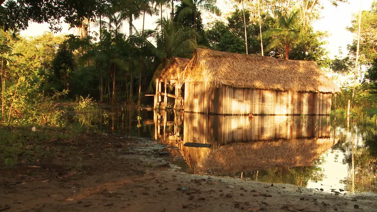 dos cabañas con techos de palmeras que se encuentran en el agua del río amazonas y se reflejan en el agua