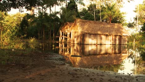 two huts with palm tree roofs that stand in the water of the amazon river and reflect in the water