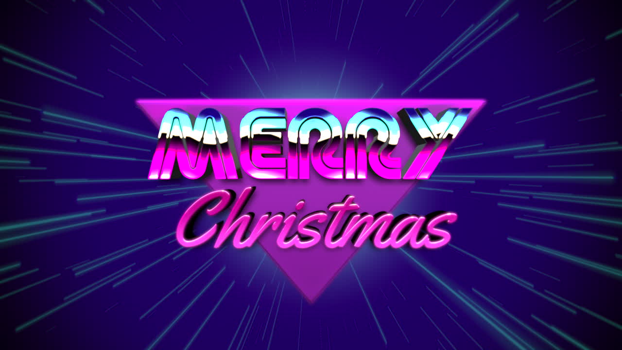 feliz navidad con líneas de neón y triángulo al estilo de los años 80