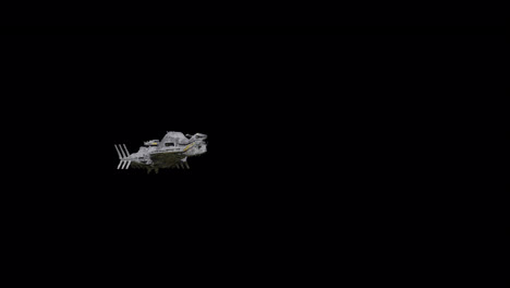 nave espacial gigante volando, vista lateral derecha, fondo negro adecuado para superposición con opción de mezcla de mate de canal alfa, integración sin fisuras en varios conceptos y escenas de ciencia ficción