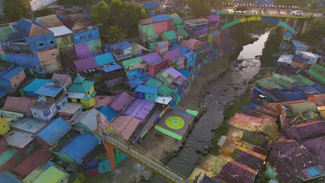 aerial-view-of-Jodipan-Village-as-know-as-Colorful-or-Rainbow-village-in-Malang,-East-Java---Indonesia