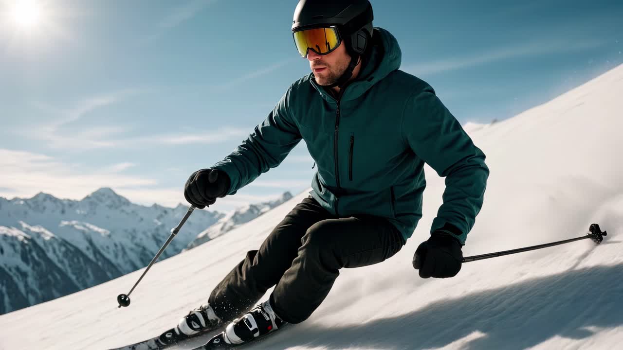 Dynamic video shot of a skier in action, captured from a low angle, showcasing speed and skill
