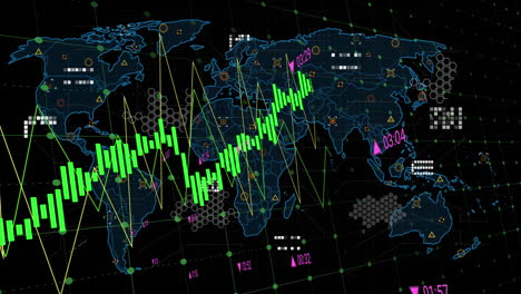 animación del procesamiento de datos sobre el mapa del mundo contra un fondo negro