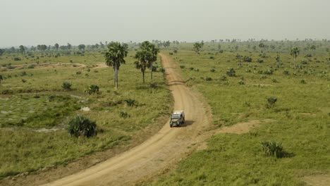 safari vehicle driving through african savannah in sunny uganda