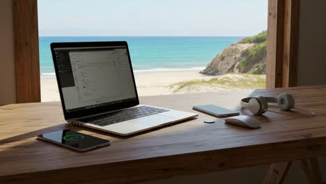 a inspiring workspace overlooking a serene beach: melding technology with nature for the perfect remote working environment