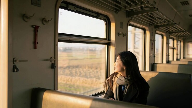 Turning Asian woman gazing out train window as passing fields drifting by, wearing dark coat scarf