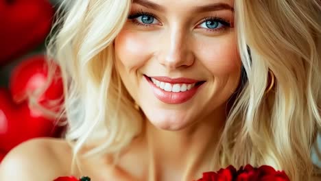 a woman holding a bouquet of red roses in front of a bunch of hearts