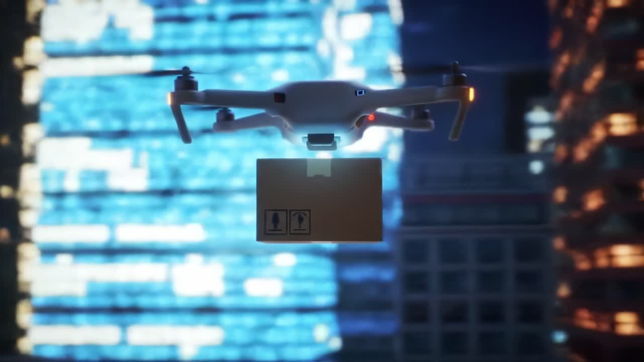 A drone hovers above city streets, delivering a package in the dark. Bright lights from towering buildings illuminate the surroundings, creating an engaging urban atmosphere.