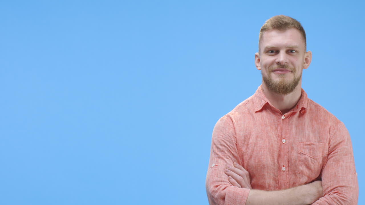 Man in a light orange shirt, in different poses against a blue background