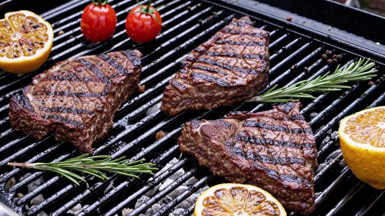 Bistecche di manzo grigliate con pomodori e limone sul barbecue