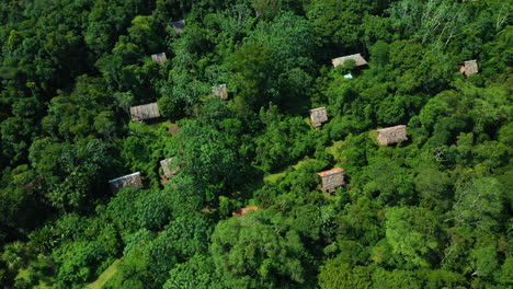 cinematic wide drone shot of jungle lodges in the amazon rainforest in iquitos peru near the amazon river