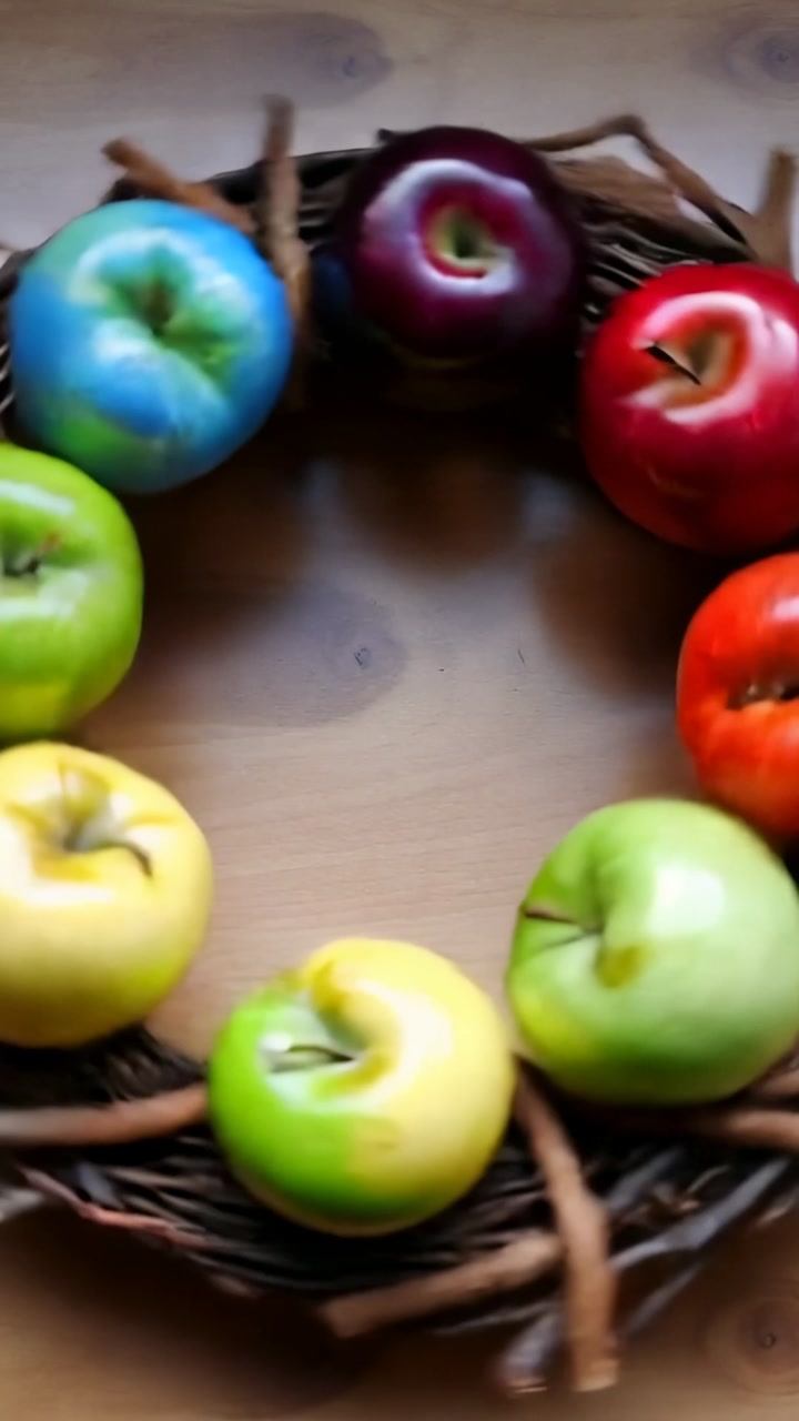 Vertical video: Playback starting, rotating camera showing glossy apples on twig wreath on tabletop