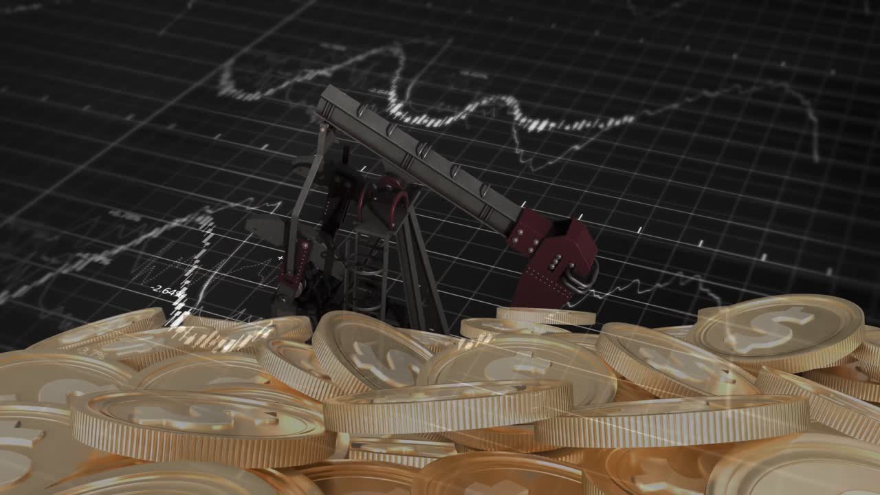 블랙 배경에 dooar 동전과  ⁇ 프잭 위에 그래프로 금융 데이터 처리의 애니메이션