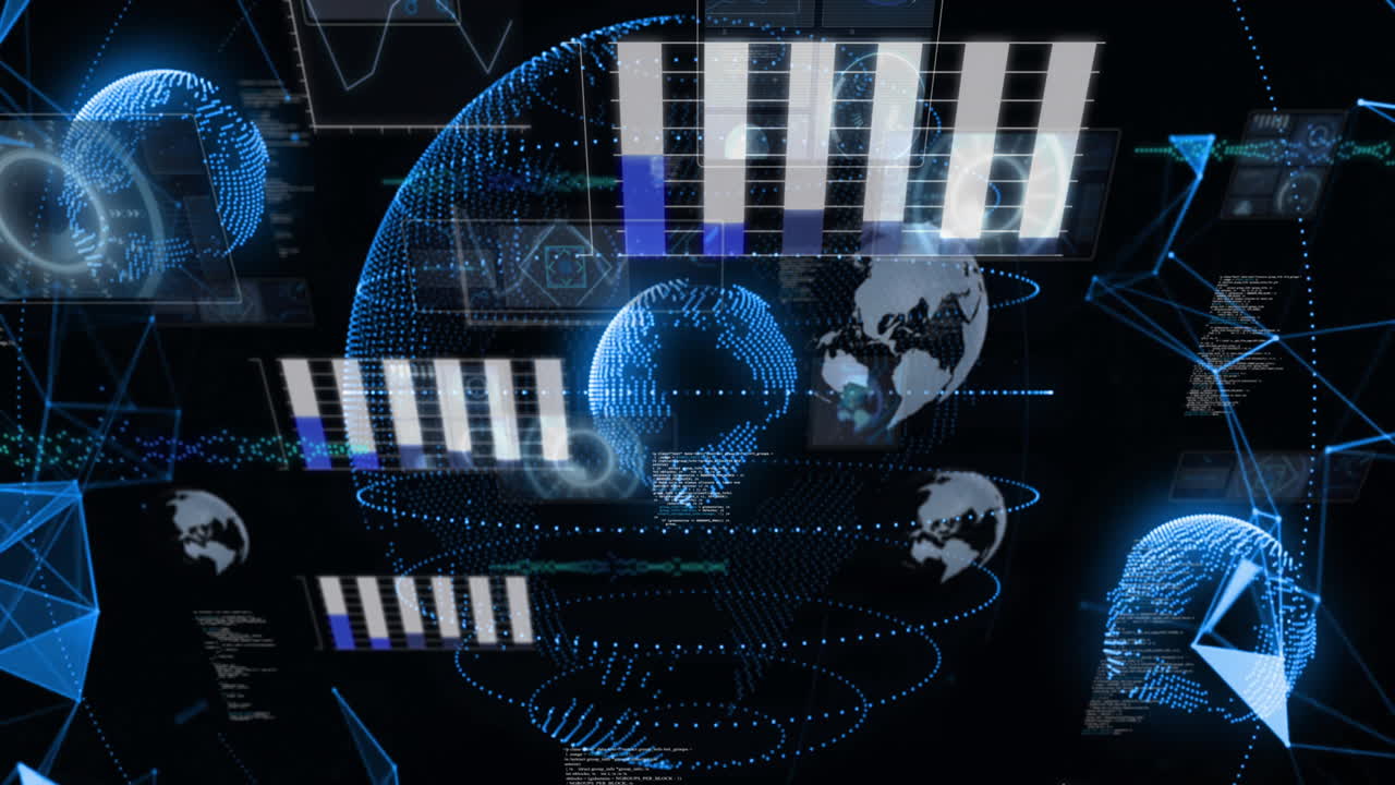 Animation of globe and digital data processing over black background