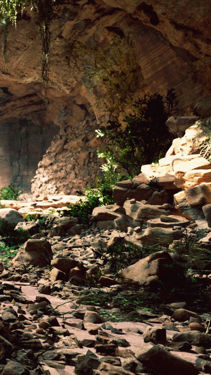 Discovering a hidden cave filled with lush greenery and rocky terrain