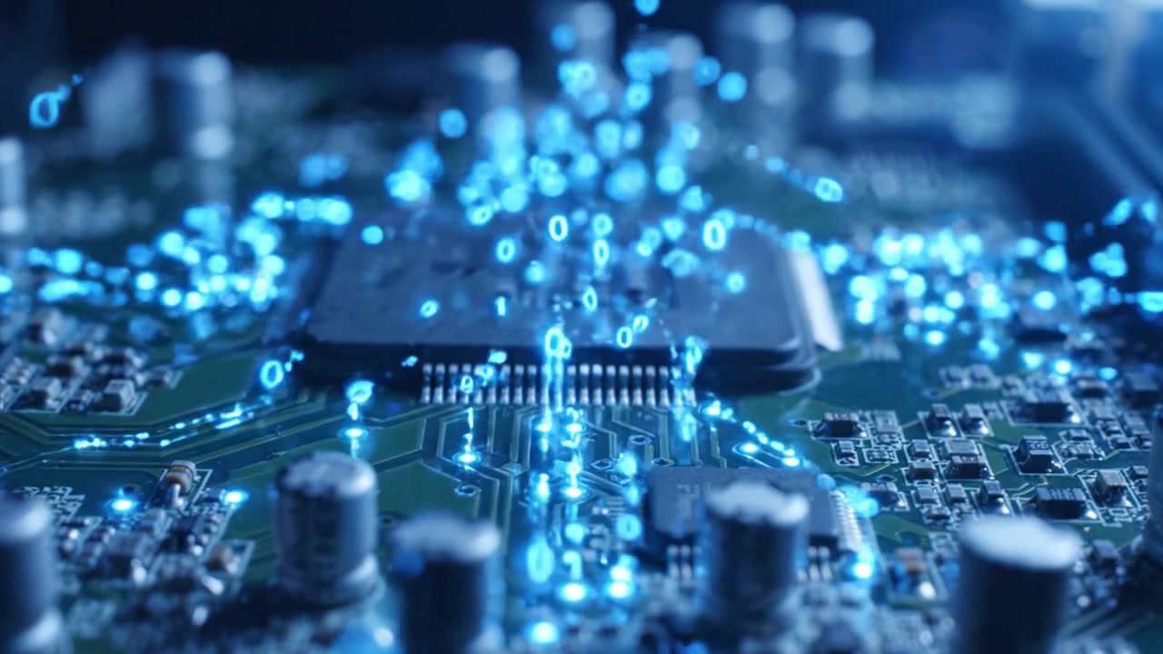 A close-up view of a computer motherboard showcasing intricate circuitry and dynamic data flow, emphasizing the fusion of technology and innovation in modern electronics.