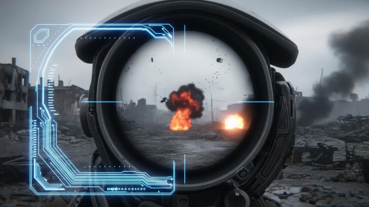 A Futuristic Perspective: Exploring a Battle-Scarred Landscape Through a High-Tech Scope in the Midst of Explosions and Chaos