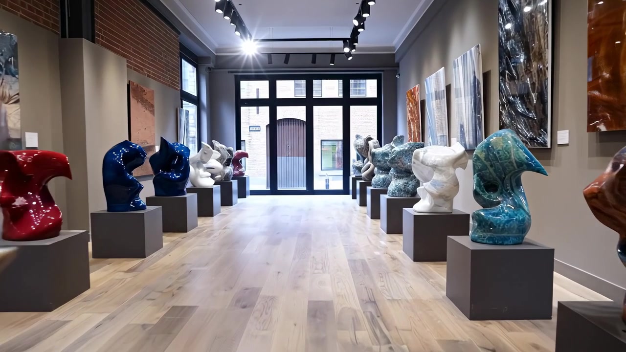 Ausstellungsraum einer Kunstgalerie mit keramischen abstrakten Skulpturen auf Sockeln. Innenansicht eines modernen Museumssaals mit abstrakten Steinstatuen, Gemälden an Wänden und Hartholzböden.