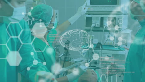 animación de la exploración cerebral y el procesamiento de datos médicos sobre los cirujanos que operan a un paciente en la sala de operaciones