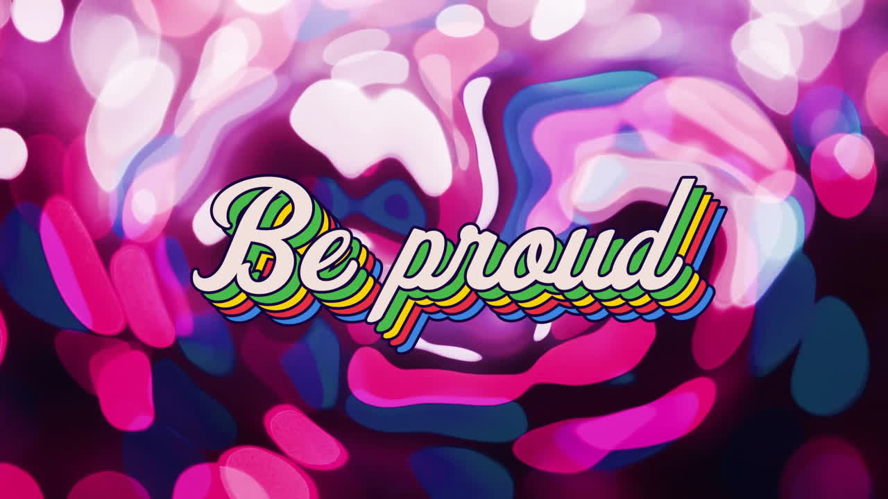 Retro script text being displayed over glowing bokeh shapes, with rainbow shadows in flat design