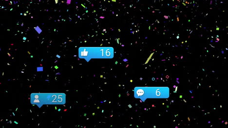 animation of social media notifications over confetti falling on black background
