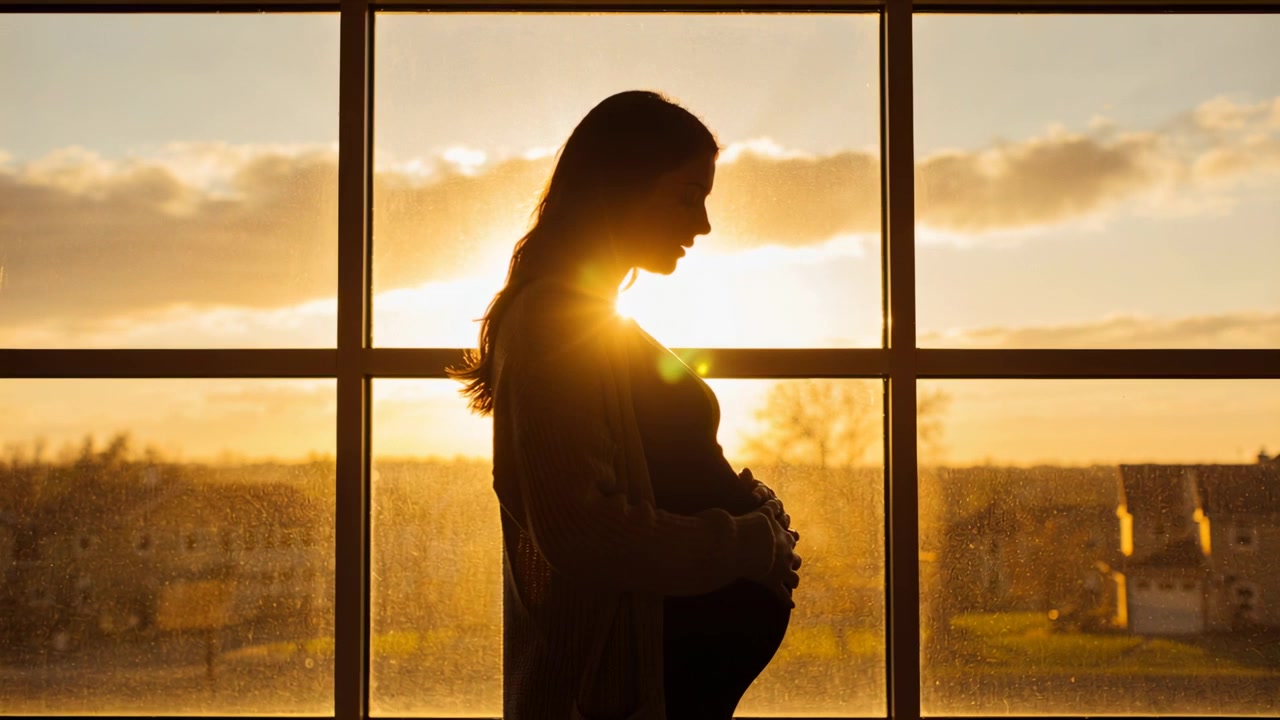 Standing pregnant woman placing hand on back, holding abdomen at window, sun aligning, feeling baby
