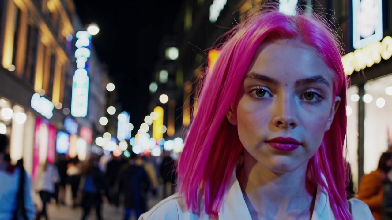 Ung kvinne med rosa hår stående på en neonopplyst bygata om natten