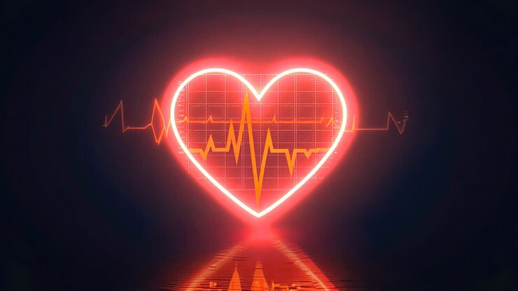 A heart with a red line on it. The heart is surrounded by a black background